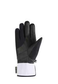 Schwarze Lederhandschuhe mit weichem schwarzem Stoff an den Fingern, weißem Bündchen und einem strukturierten Griffmuster auf der Handfläche für verbesserte Funktionalität.