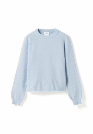 Helehall sinine pikakäistega kootud kampsun ümar kaeluse ja soonikkoes mansettide ning äärega, valmistatud pehmest tekstuuriga kangast.