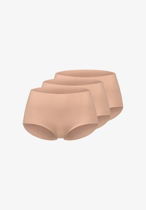 Drei nahtlose, hautfarbene Damen-Slips in hoher Taille im Brief-Stil, diagonal übereinander auf einem weißen Hintergrund gestapelt.