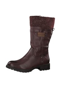 Botte en cuir marron haute jusqu'au genou avec un revers tricoté bordeaux, finition texturée, fermeture éclair sur le côté et semelle robuste ; elle dispose d'une sangle décorative.