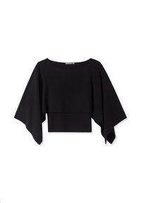 Top nero corto con maniche larghe e ampie, scollo a barca e una texture liscia. Realizzato in un materiale morbido e leggero.