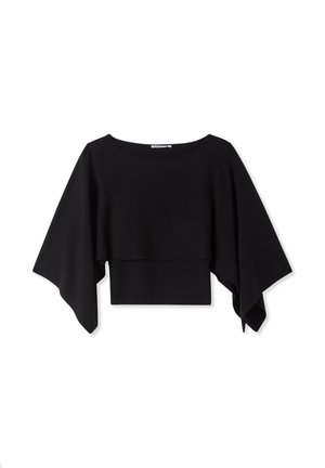 Top nero corto con maniche larghe e ampie, scollo a barca e una texture liscia. Realizzato in un materiale morbido e leggero.