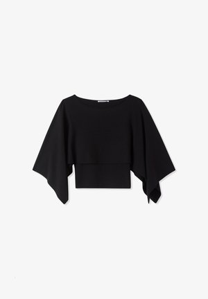 Top nero corto con maniche larghe e ampie, scollo a barca e una texture liscia. Realizzato in un materiale morbido e leggero.
