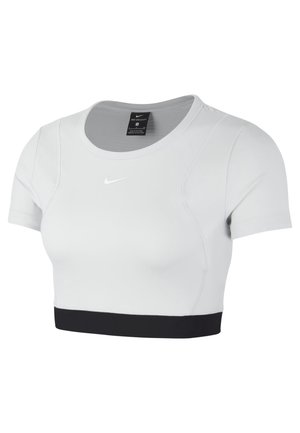 T-shirt de sport court blanc Nike avec manches courtes, col rond et bande élastique noire à l'ourlet.
