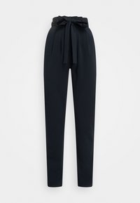 Pantalon bleu marine avec une taille haute et un détail de ceinture nouée. Présente une coupe fuselée et une texture de tissu lisse.