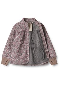 Blumenmuster, wattierte Jacke mit grauem Innenfutter. Verfügt über gerippte Ärmel und einen Kragen. Öffnet sich vorne mit einem Reißverschluss.