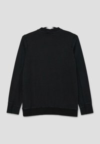 Zwarte sweatshirt met een geribde halslijn en manchetten, met een gladde textuur en een ontspannen pasvorm. Het ontwerp is eenvoudig zonder patronen of accenten.