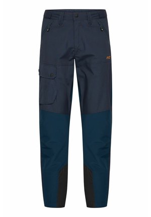 Navy cargo pants with a contrasting dark blue section and black accents, featuring multiple pockets and a zippered opening on sides.