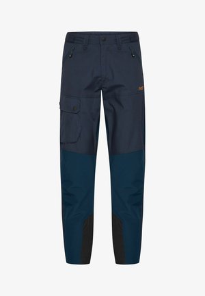 Marine cargo bukser med et kontrasterende mørkeblå afsnit og sorte detaljer, der har flere lommer og en lynlåsåbning på siderne.