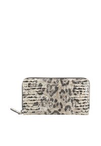 Leopard-print wallet in beige and black. Smooth, textured exterior with zip closure and a small zipper pull tab. Compact design with pattern detail.