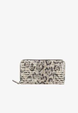 Leopard-print wallet in beige and black. Smooth, textured exterior with zip closure and a small zipper pull tab. Compact design with pattern detail.