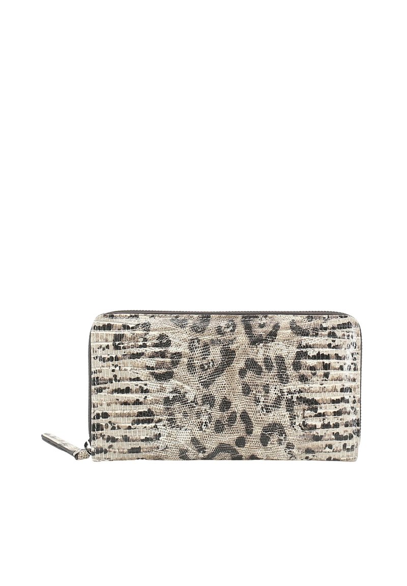 Leopard-print wallet in beige and black. Smooth, textured exterior with zip closure and a small zipper pull tab. Compact design with pattern detail.