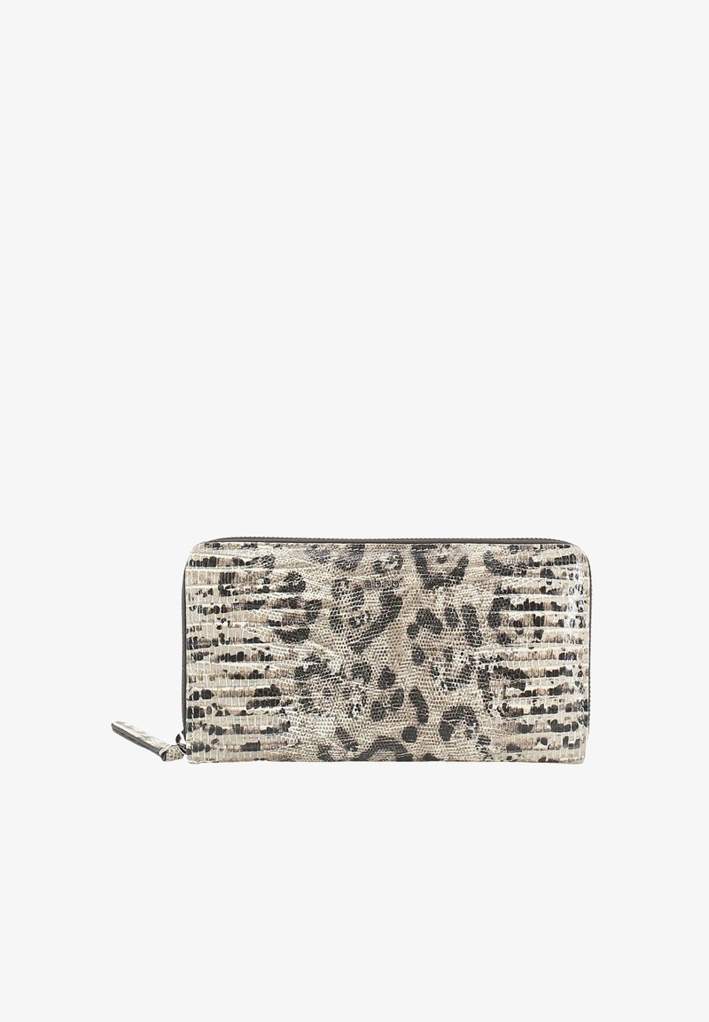 Geldbörse im Leopardenmuster in Beige und Schwarz. Glatte, strukturierte Oberfläche mit Reißverschluss und einem kleinen Zipper-Zugtab. Kompaktes Design mit Musterdetails.