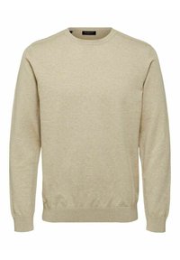 Pull beige en tissu doux, doté d'un col rond, de manches longues, de poignets côtelés et d'une coupe décontractée. Sans motifs ni ornements.