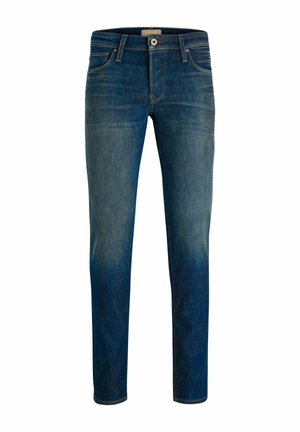 Blauwe slim-fit spijkerbroek met knoop en rits aan de voorkant, vijf zakken en lichte vervaging op dijen en knieën.