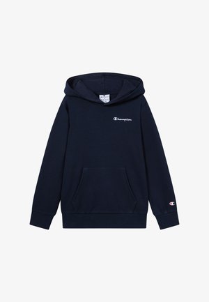 Donkerblauwe hoodie van een katoenmengsel. Voorzien van een voorzak, geribbelde boorden en een wit Champion-logo op de borst.