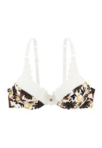 Soutien-gorge floral blanc avec un haut en dentelle texturée, des bretelles réglables et un détail en bouton au centre ; tissu à motifs dans des tons terreux.