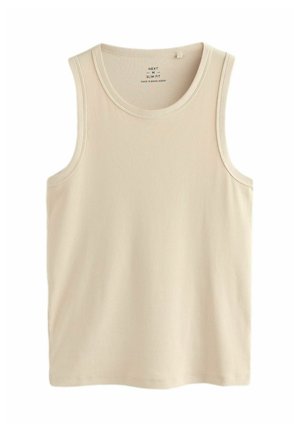Beige geribde slim-fit mouwloze tanktop, ronde hals, medium maat, gemaakt in Bangladesh, plat uitgestald op witte achtergrond.