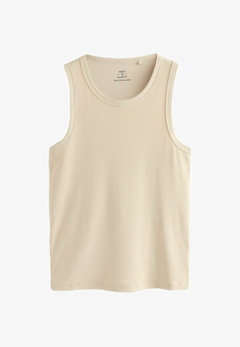 Débardeur beige côtelé ajusté, sans manches, col rond, taille moyenne, fabriqué au Bangladesh, présenté à plat sur fond blanc.