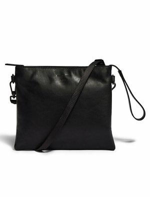 Black leather crossbody bag with a slim rectangular shape, adjustable strap, and top zipper closure. Features a minimalist design and smooth texture.