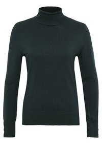 Dunkelgrüner Rollkragenpullover aus weichem Strickmaterial, mit langen Ärmeln und Knöpfen an den Bündchen für zusätzliche Details.