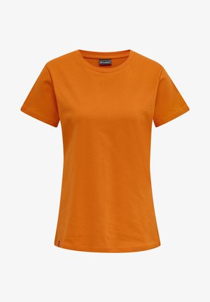 Oranges Baumwoll-T-Shirt mit kurzen Ärmeln, Rundhalsausschnitt und bequemer Passform; verfügt über ein kleines Logo-Tag am Saum.
