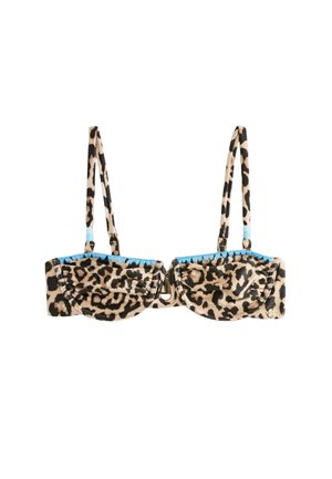 Soutien-gorge à imprimé léopard avec bonnets à armatures, bretelles fines réglables, bordure bleue le long du bord supérieur et fermeture à agrafe à l'avant.