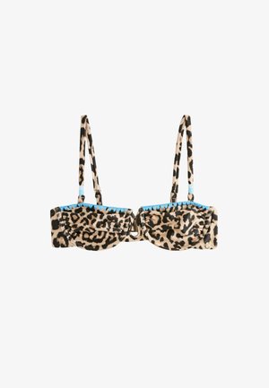 Leoprint-BH mit Bügelcups, verstellbaren dünnen Trägern, blauem Rand entlang der oberen Kante und einer vorderen Hakenverschluss.