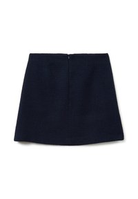 Dunkelblauer Minirock aus strukturiertem Stoff, mit geradem Schnitt und einem Reißverschluss hinten. Klare Linien ohne sichtbare Muster oder Akzente.