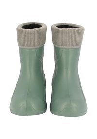 Bottes basses imperméables vertes avec col en tissu gris côtelé et corps en caoutchouc lisse. Dotées d'un bout arrondi et de semelles légèrement texturées.