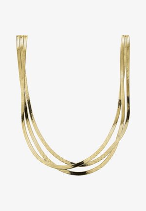 Collana multi-strato in oro composta da catene metalliche lisce e piatte disposte in un design flessibile e intrecciato. Finitura lucida, senza accenti visibili.