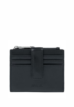 Black leather wallet with a smooth texture, featuring six card slots, a zippered compartment, and a clasp closure. Logo embossed on the front.