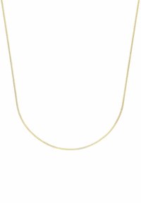 Collana in oro con catena, caratterizzata da un design sottile e liscio con una delicata texture a maglie, che forma una forma curvata.