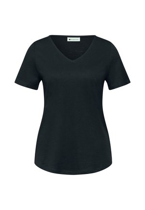 Zwarte dames T-shirt met korte mouwen en V-hals, met een licht gebogen zoom, gemaakt van zachte stof, merk Street One.