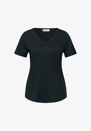 T-shirt donna nera a maniche corte con scollo a V e orlo leggermente curvo, realizzata in tessuto morbido, marchio Street One.