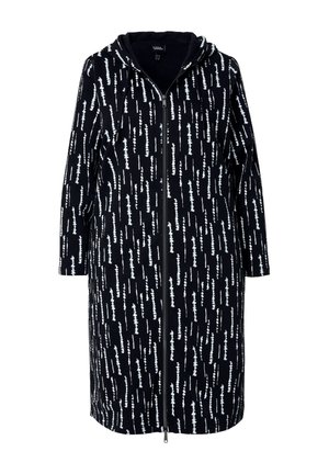 Schwarze Kapuzenjacke mit Reißverschluss, gemusterten weißen Streifen, dreiviertel langen Ärmeln und einem lässigen Schnitt, aus weichem Stoff gefertigt.