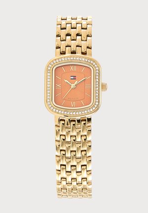 Goldene Armbanduhr mit rechteckigem Zifferblatt, kristallbesetzter Lünette, roségoldfarbenem Zifferblatt, römischen Zahlen und Gliederarmband.