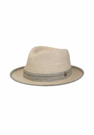 Light beige woven fedora hat with a gray woven band around the base and a small metal emblem on the side.
