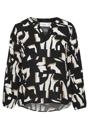 Sort bluse med abstrakte hvide og beige geometriske mønstre, V-udskæring, lange ærmer og en buet kant. Fremstillet af letvægtsstof.