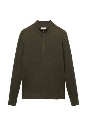 Pull en vert olive foncé avec une texture côtelée, des manches longues et un col montant. Dispose d'une fermeture éclair frontale à moitié.