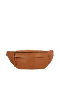 Hnědý kožený bum bag s texturovaným povrchem, hlavními zipovými přihrádkami a boční kapsou. Obsahuje jemné švy a embosované logo.