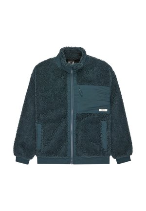 Fleece bunda v tmavom teal, s textúrovaným povrchom, vysokým golierom, predným zipsom a náprsníkou so zipsom.