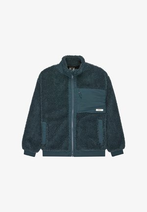 Fleecejacke in dunkelblaugrün mit strukturiertem Äußeren, hohem Kragen, Frontreißverschluss und einer Brusttasche mit Reißverschluss.