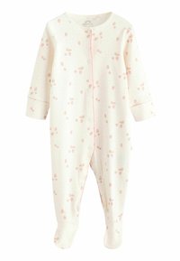 Romper met lange mouwen voor baby in crème, met een roze aardbeienpatroon en stippen, voorzien van drukknoopsluiting en gesloten voetjes.