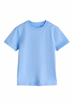 Hellblaues Baumwoll-T-Shirt mit rundem Ausschnitt und kurzen Ärmeln. Es zeichnet sich durch eine glatte Textur und einen geraden Schnitt am Saum aus.