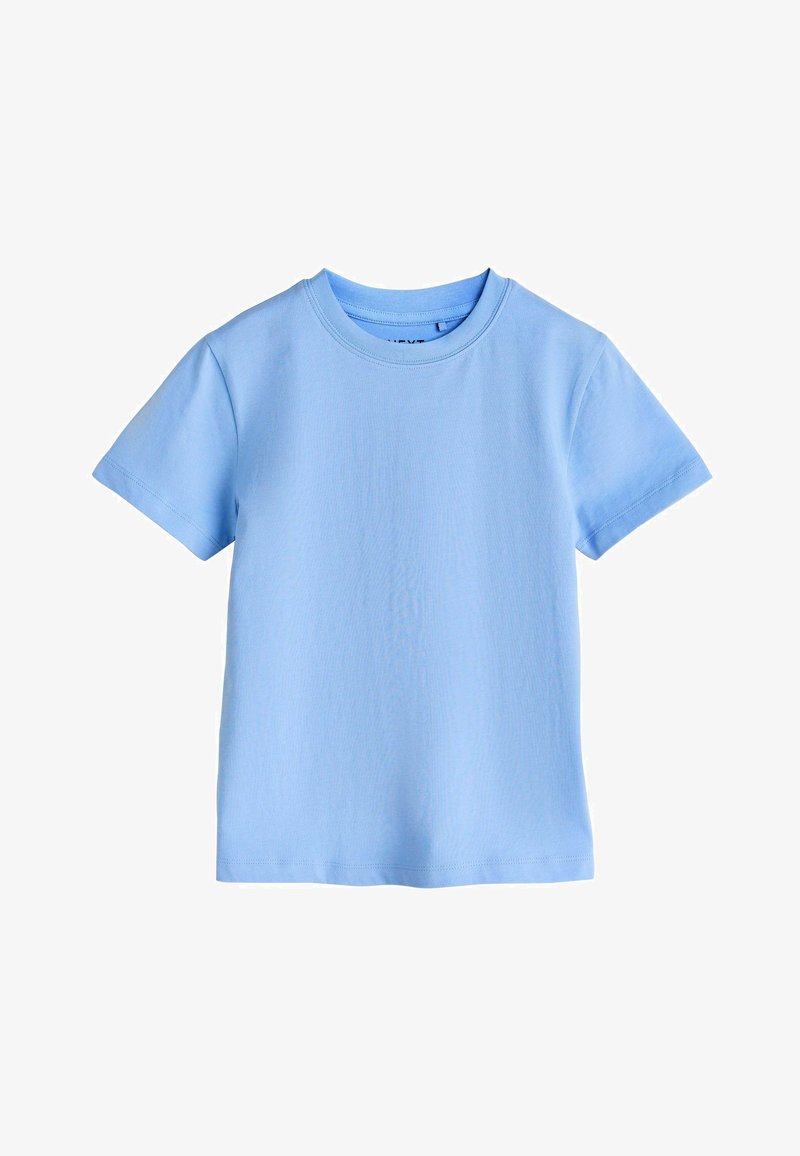 Maglietta di cotone azzurro chiaro con collo rotondo e maniche corte. Presenta una texture liscia e un taglio dritto all'orlo.