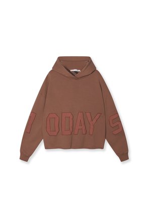 Brown cropped hoodie with a large embroidered "7 DAYS" in red. Includes a drawstring hood and ribbed cuffs. Soft fabric texture.
