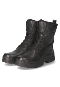 Zwarte leren enkelboots met veters, ronde neus, rubberen zool, gepolsterde kraag en logodetail op de tong. Getextureerde afwerking.