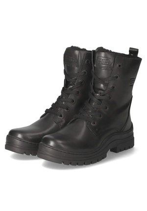 Black leather ankle boots with laces, round toe, rubber sole, padded collar, and logo detail on the tongue. Textured finish.