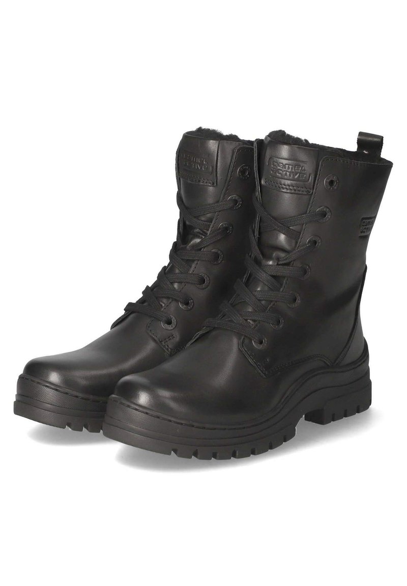 Zwarte leren enkelboots met veters, ronde neus, rubberen zool, gepolsterde kraag en logodetail op de tong. Getextureerde afwerking.